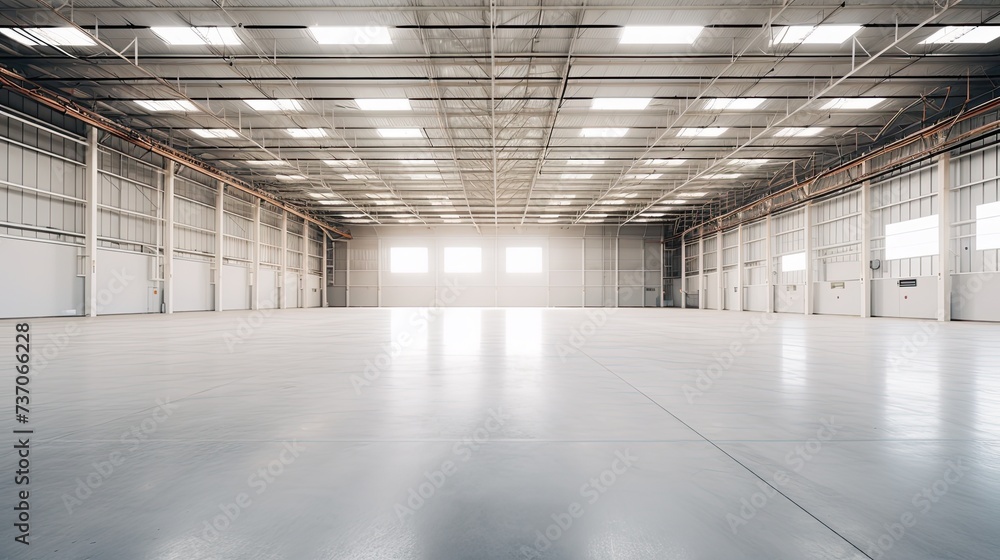 An inside view of a large and clean industrial warehouse, visible metal frame, parquet painted white on the ground, clean white walls, natural light coming from roof windows, additional industrial lig