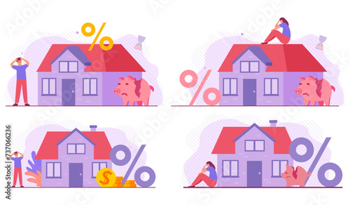 Real estate and property crash.Young depressed and sad man a big debt weight.Eviction and mortgage debt.Payback bank mortgage loan.Buying a house.Real estate and rental.Woman worried about bankruptcy