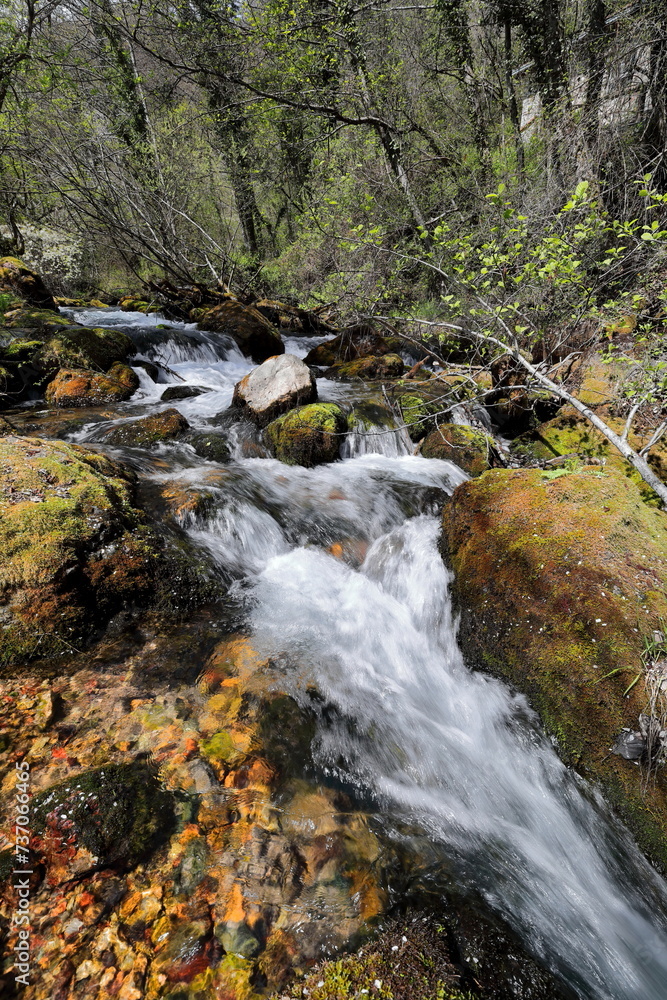 High-rate flow of water from Vevcani springs running down from Jablanica mountain, then flowing through the village. Vevchani-North Macedonia-344 High-rate flow of water from Vevcani springs running down from Jablanica mountain, then flowing through the village. Vevchani-North Macedonia-344