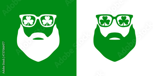 Día de San Patricio. Logo con silueta de gafas de sol con treboles y barba para su uso en felicitaciones y tarjetas