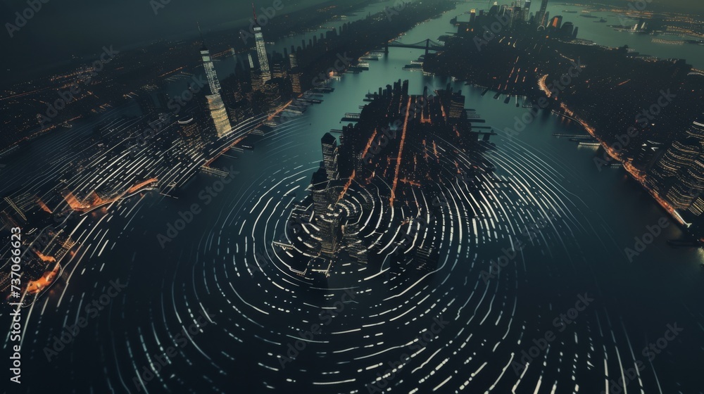 Obraz premium Fingerprint in the shape of a night city. Identification and verification of identity. Unique biometric fingerprint
