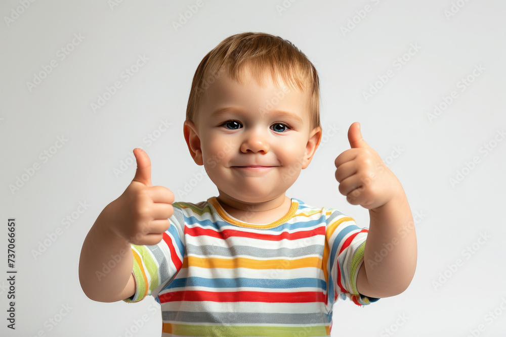 Happy little cute boy giving thumbs up on white background Happy little cute boy giving thumbs up on white background
