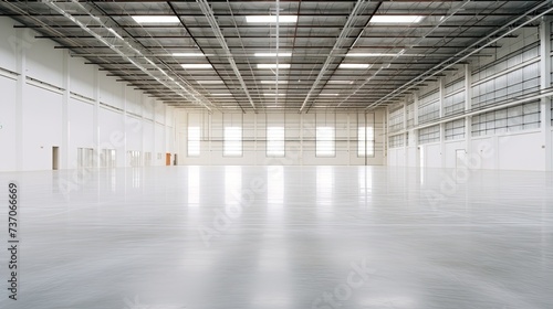 An inside view of a large and clean industrial warehouse, visible metal frame, parquet painted white on the ground, clean white walls, natural light coming from roof windows, additional industrial lig © paisorn