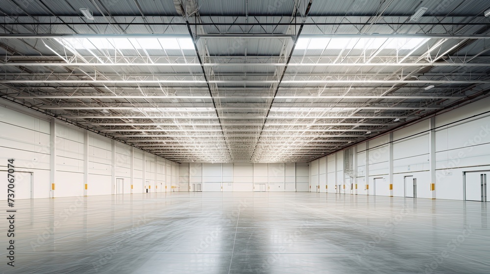 An inside view of a large and clean industrial warehouse, visible metal frame, parquet painted white on the ground, clean white walls, natural light coming from roof windows, additional industrial lig An inside view of a large and clean industrial warehouse, visible metal frame, parquet painted white on the ground, clean white walls, natural light coming from roof windows, additional industrial lig