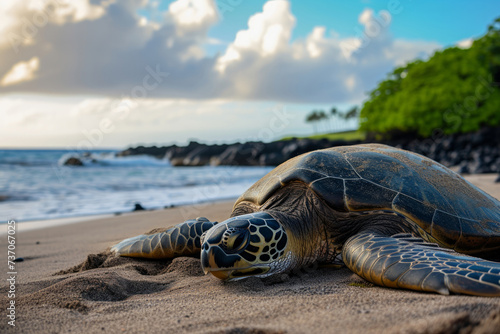 A large land turtle lies on the ocean shore. Huge Green Turtle heading back to ocean after having laid eggs on beach. Unique hatching place. Hawaiian turtle on the sand beach on the ocean shore