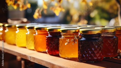 Various types of honey on the table photo