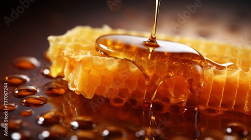 Delicious honey dripping on detailed honeycomb texture creating a tempting background