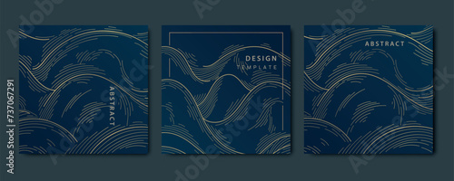 Vector set of gold wave patterns, abstract line design. Modern curve graphic, premium texture cards. Package, presentation, covers