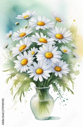 A large white Daisies. Beautiful white Daisies in a transparent vase. Bouquet of stunning large white daisies in glass vase. Beautiful bouquet of garden Flowers