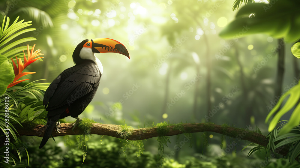 Naklejka premium close up toucan standing on a branch and tropical nature in green meadow