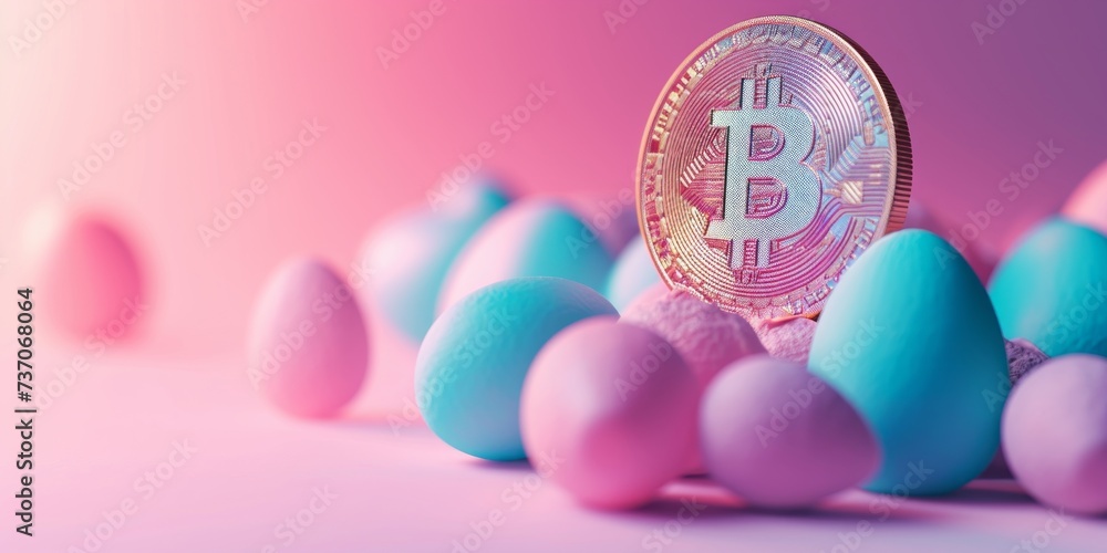 Easter eggs and coin labeled Bitcoin isolated on pastel pink background. Easter eggs and coin labeled Bitcoin isolated on pastel pink background.
