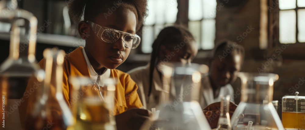 Obraz premium A young student in safety goggles concentrates on a science experiment with classmates in a sunlit laboratory.