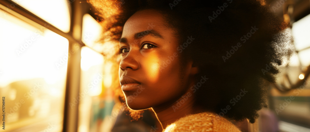 A thoughtful young woman gazes out of a sunlit bus window, lost in the golden hour's warm glow. A thoughtful young woman gazes out of a sunlit bus window, lost in the golden hour's warm glow.