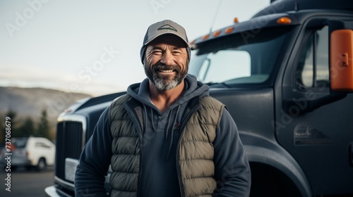 Happy bearded male truck driver standing in front of his truck, arms crossed, smiling at the camera