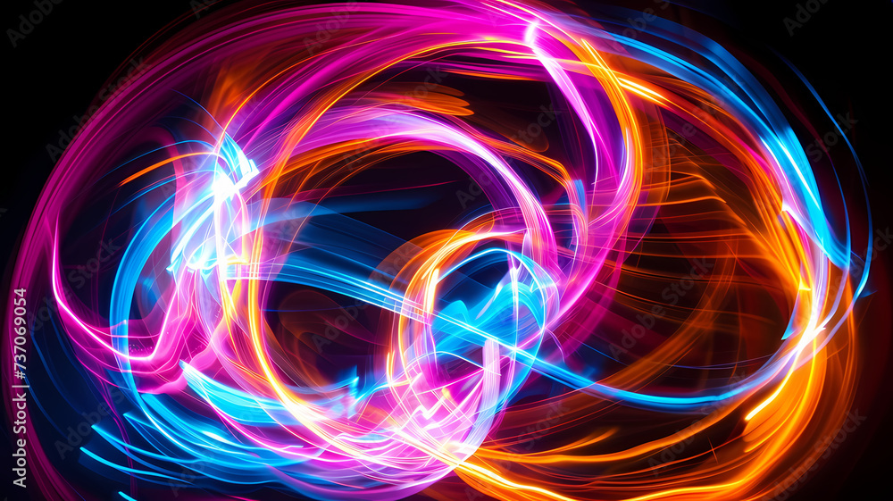 Vibrant Neon Light Trails in Spiral Pattern Against Dark Background Vibrant Neon Light Trails in Spiral Pattern Against Dark Background