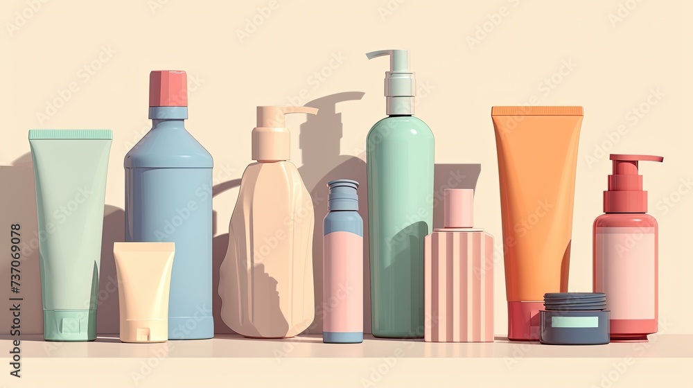 Eco-friendly cosmetic bottles, cans and tubes packaging mock up, for product presentation, pastel colors, hard light with shadows Eco-friendly cosmetic bottles, cans and tubes packaging mock up, for product presentation, pastel colors, hard light with shadows