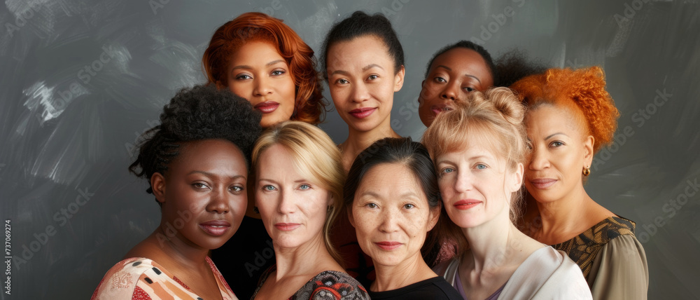 A tapestry of unity—diverse group of women, interwoven by strength and grace, stand confidently against a chalkboard backdrop.