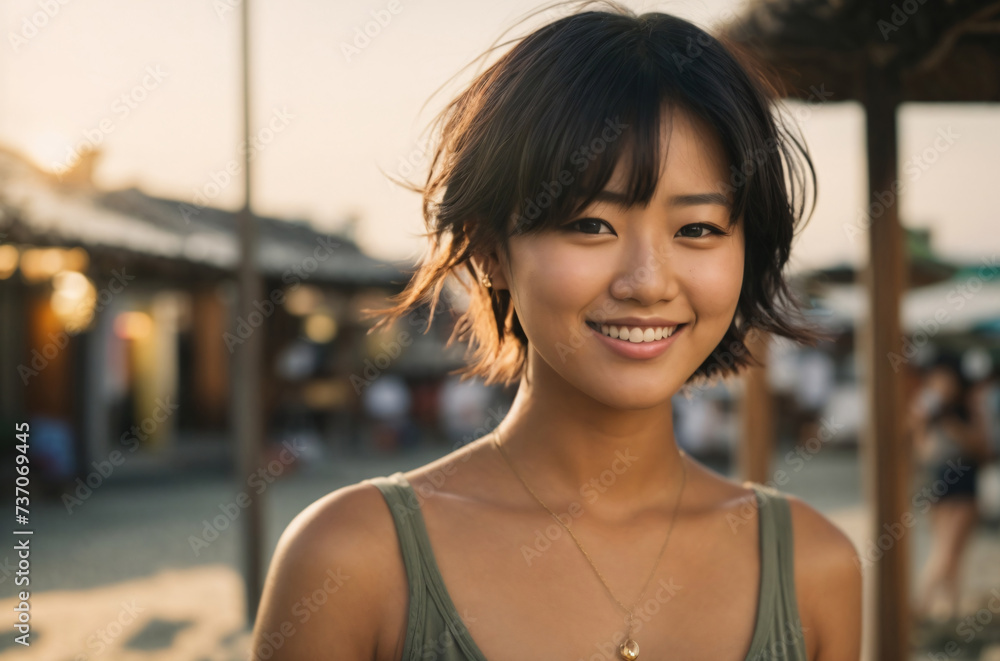 portrait of a young Asian woman in the city street
