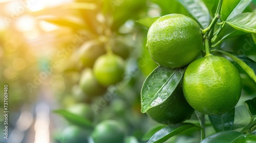 Ripe limes growing on tree in greenhouse, concept of healthy fruits with copy space for text