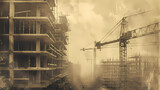 Construction Site With Crane and Building Frames In Vintage Photo