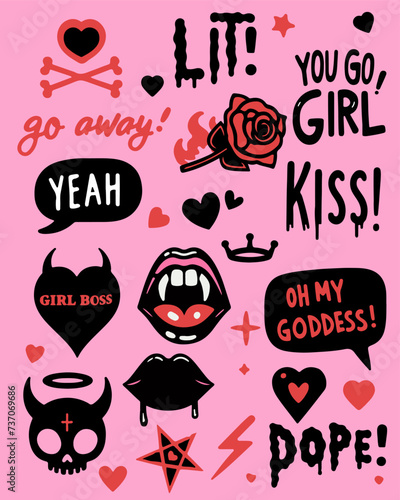 Trendy girlish gothic stickers with lips, hearts, skull and handwritten short phrases. Set of vector simple illustrations in cartoon style of 80s - 90s on pink background.