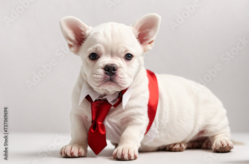 adorable french bulldog puppy in red tie