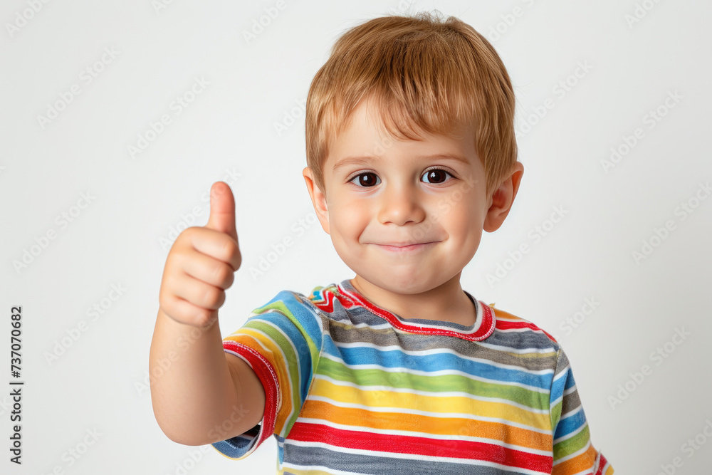 Happy little cute boy giving thumbs up on white background Happy little cute boy giving thumbs up on white background