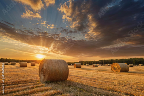 Golden sunset over freshly baled hay field. Capturing the rustic beauty of countryside agriculture.  photo