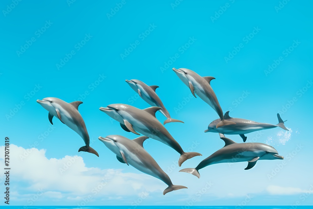 A playful group of dolphins, captured mid-air in a synchronized jump, against a vibrant turquoise background.