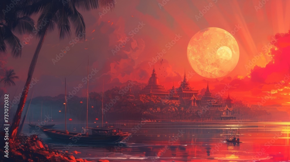 a painting of a sunset over a body of water with a full moon in the background , generated by AI