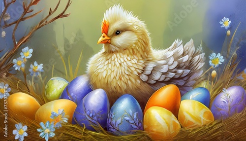Wielkanocna ilustracja z pisankami, kurami i kurczątkami