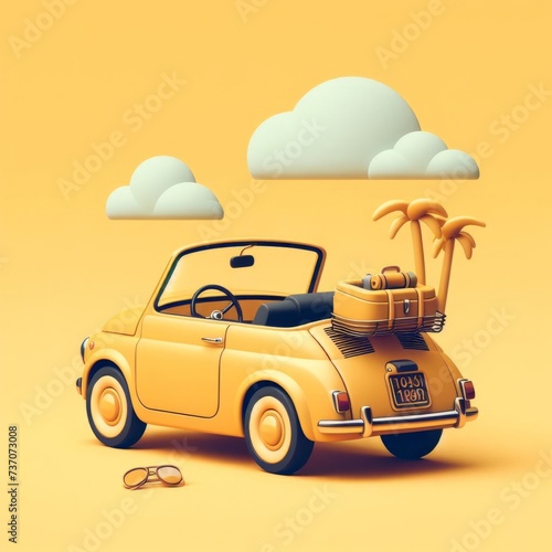 Illustration of a small, yellow car combined with clouds and palm trees. The concept of vintage and travel. 