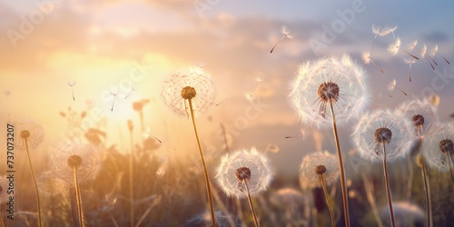 various dandelion blow with the sun above it, in the style of dreamy realism, whimsical details, high quality photo, delicate fantasy worlds, whimsical skyline, contest winner, light white and bronze  #737073207