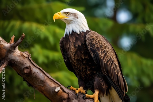 A regal bald eagle perched atop a tall tree, its sharp gaze scanning the surroundings for its next prey.