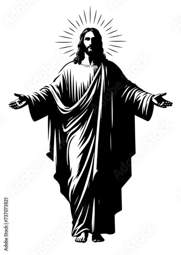 Jesus Christ with open arms monochrome clip art. Flat vector illustration