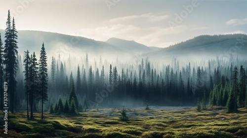 Landscape  Coniferous forest in autumn fog view.