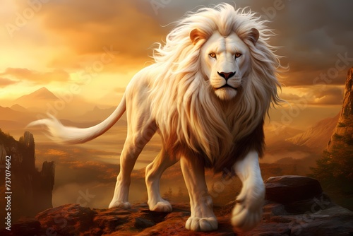A regal white lion  its majestic mane flowing in the wind  standing proudly against a golden sunset backdrop.