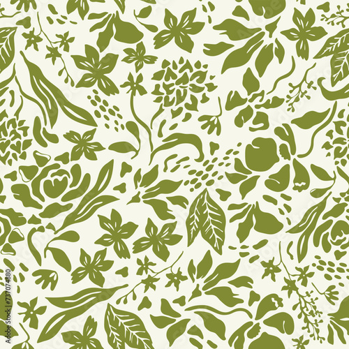Green Flower Shapes. Decorative vector seamless pattern. Repeating background. Tileable wallpaper print.
