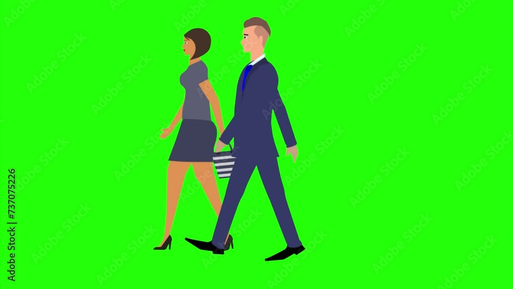 Animation with Man and women character walking side view, seamless loop on green screen, chroma key Animation with Man and women character walking side view, seamless loop on green screen, chroma key