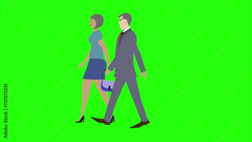 Animation with Man and women character walking side view, seamless loop on green screen, chroma key Animation with Man and women character walking side view, seamless loop on green screen, chroma key