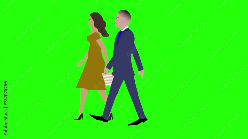Animation with Man and women character walking side view, seamless loop on green screen, chroma key Animation with Man and women character walking side view, seamless loop on green screen, chroma key