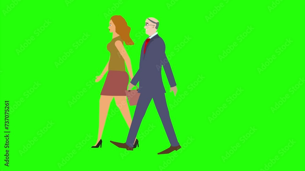 Animation with Man and women character walking side view, seamless loop on green screen, chroma key Animation with Man and women character walking side view, seamless loop on green screen, chroma key