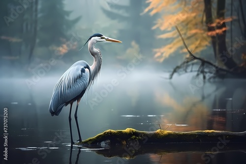 A serene scene of a heron standing still at the water s edge  patiently waiting for its next meal.