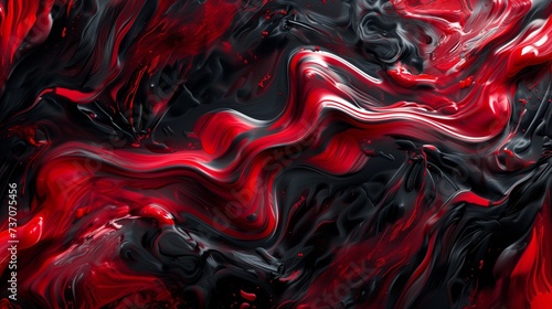 A dynamic, abstract fluid pattern with bold strokes of cherry red and midnight black, creating a dramatic visual impact.