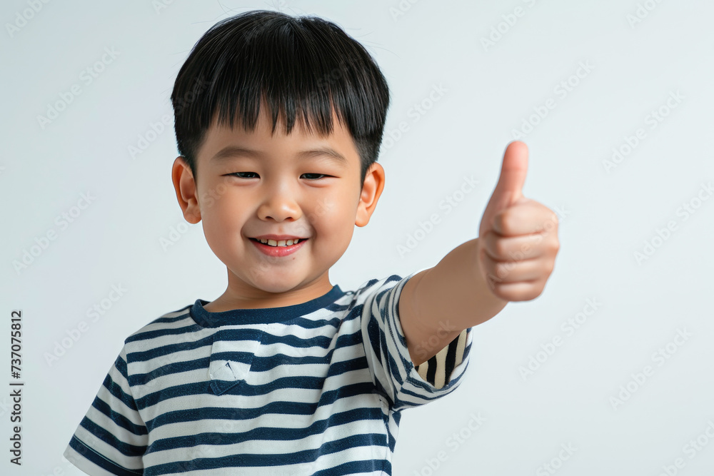 Happy little cute Asian boy giving thumbs up on white background Happy little cute Asian boy giving thumbs up on white background