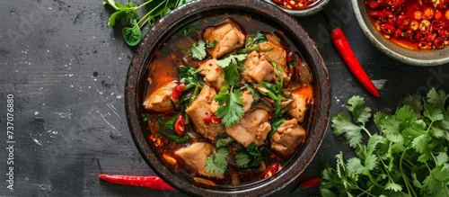 a bowl of chicken stew with vegetables and spices on a table . High quality