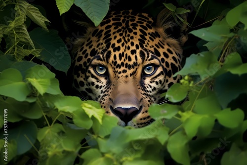 A stealthy jaguar camouflaged among the dense foliage, its intense gaze fixed on its unsuspecting prey.