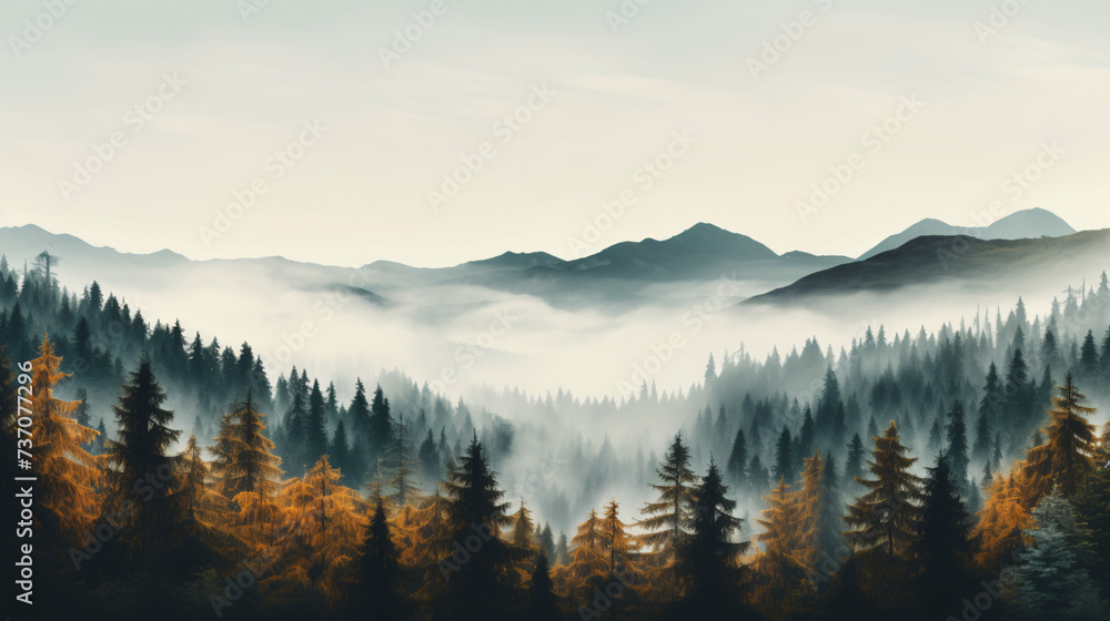 Misty autumn coniferous