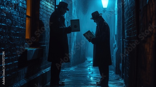 Explore the theme of tax evasion and fraud with an image of shadowy figures exchanging envelopes of cash in a dimly lit alleyway, symbolizing illicit attempts to avoid paying taxes photo