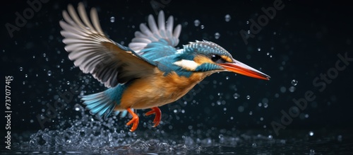 Kingfisher birds fly to hunt fish above the river water, hunting fish